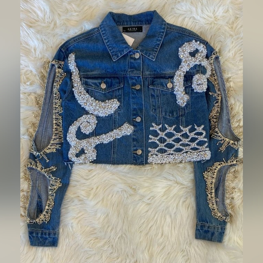 Astr Blue Denim Jacket with Pearl and Gold Embellishments